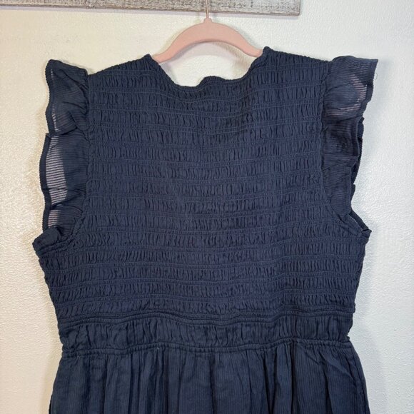 Quince Dress Organic Textured Cotton Smocked V-Neck Midi Blue Womens L - Picture 9 of 12